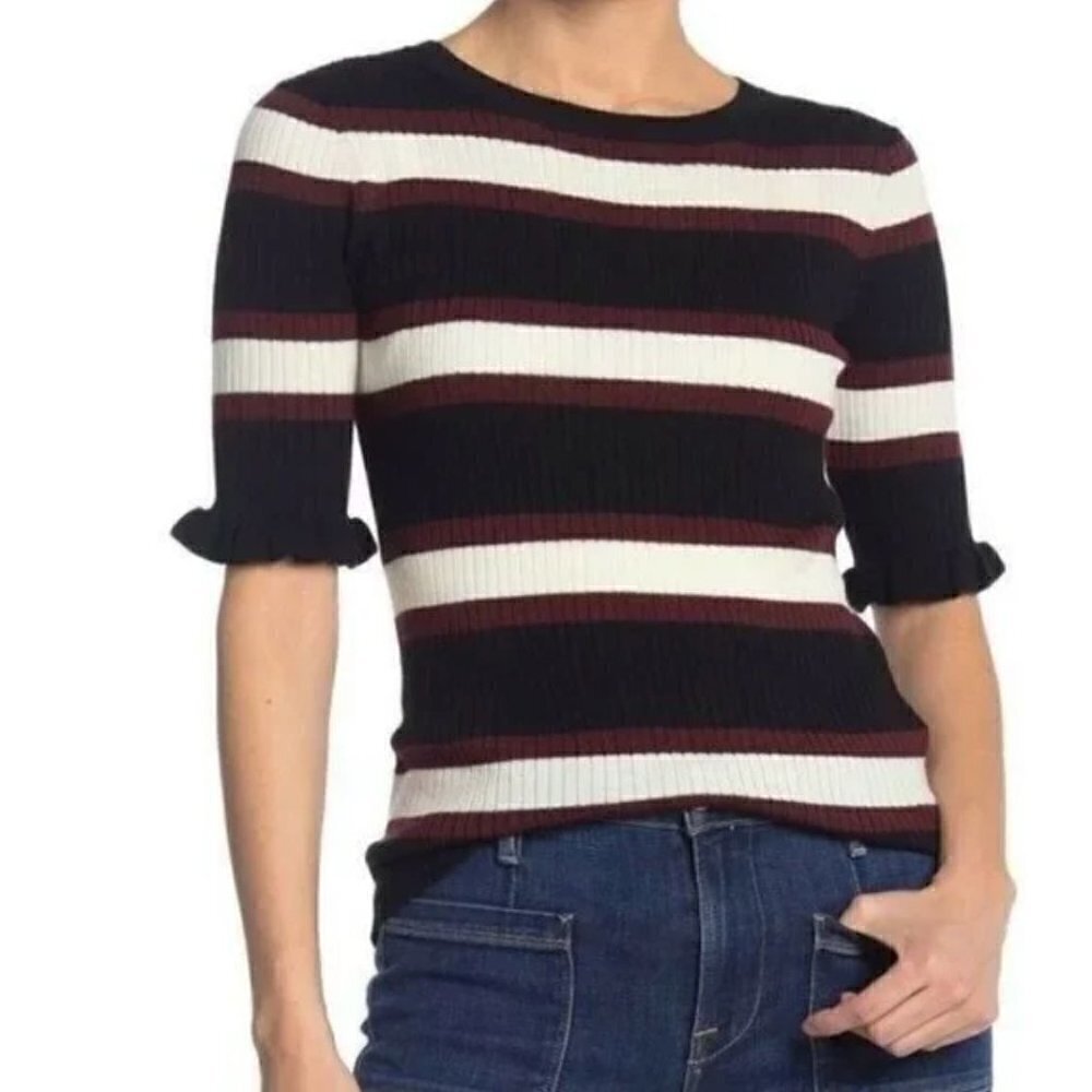 NWT FRAME Size S Noir Multi Striped Wool Blend Ruffle Sleeve Sweater MSRP $245